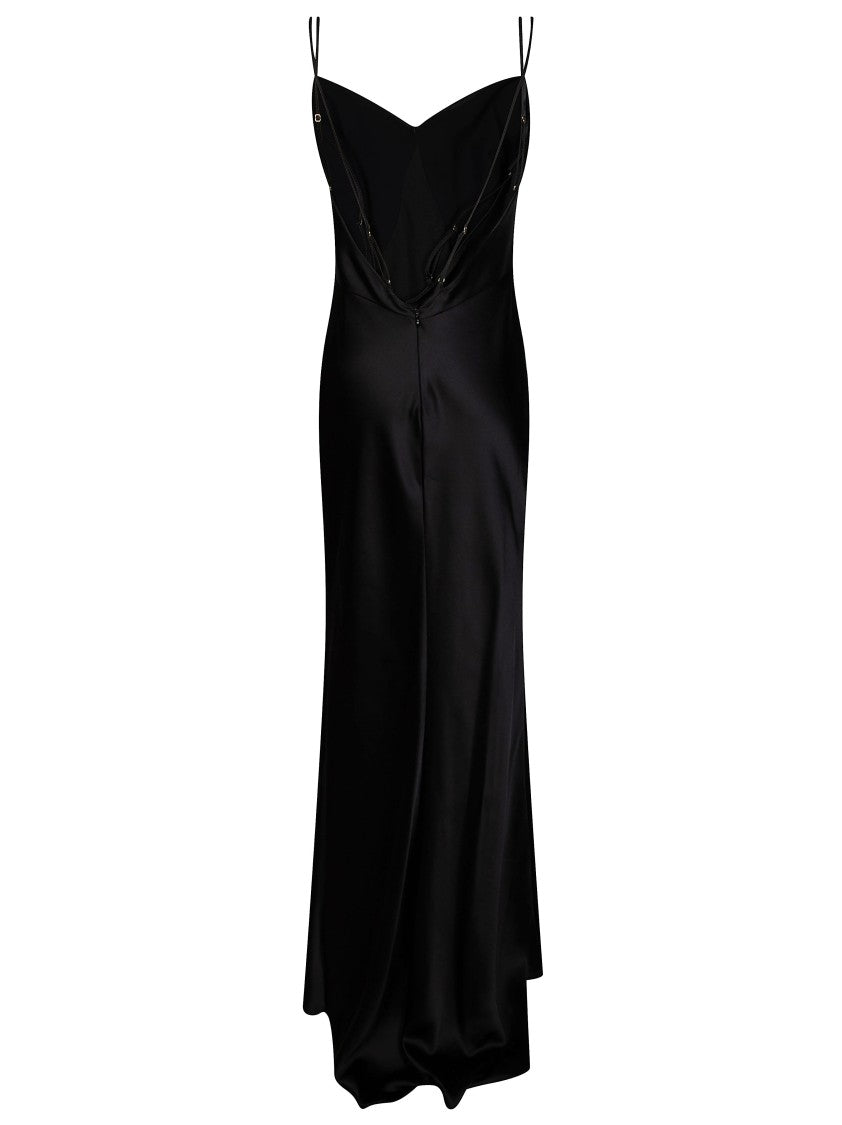 Elisabetta Franchi Black Satin Finish Spaghetti Strap Evening Dress