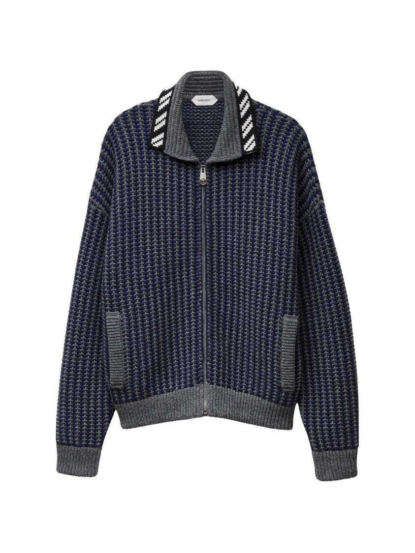 Versace Waffle Knit Zip Cardigan With Geometric Intarsia Motif