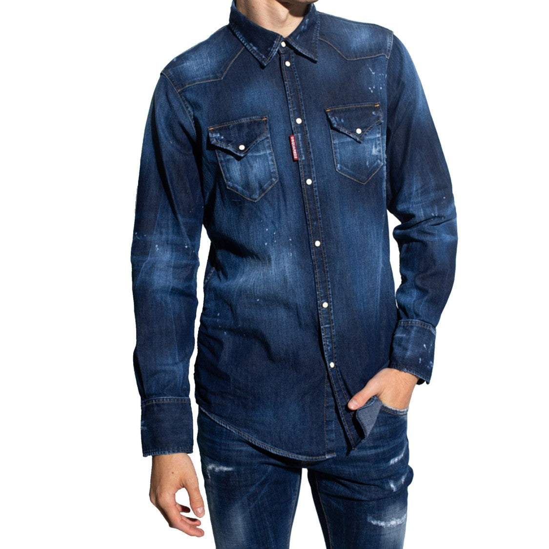 Dsquared2 Distressed Blue Denim Shirt With Classic Collar