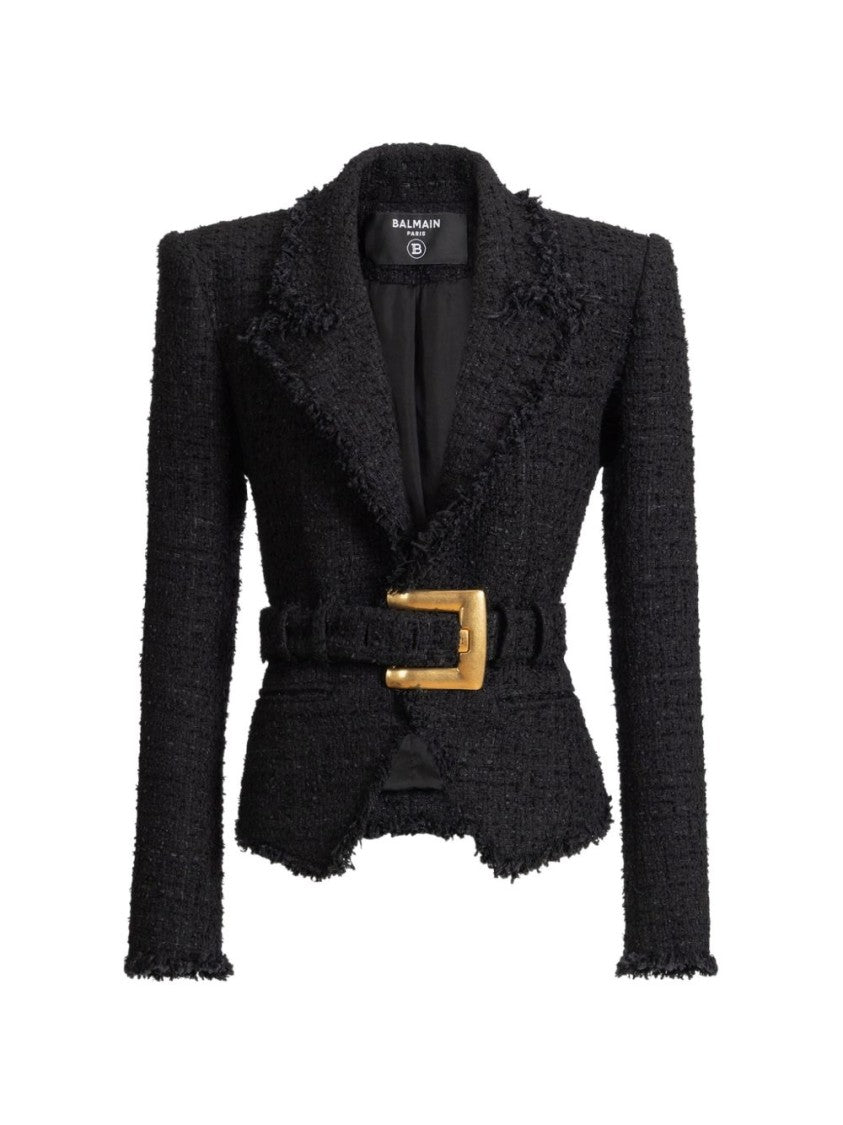 Balmain Tailored Black Tweed Jacket With Notched Lapel