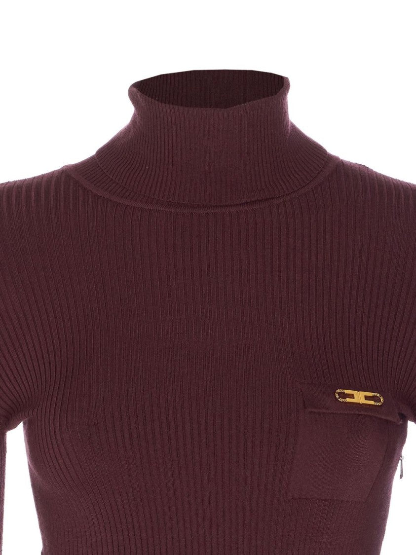 Elisabetta Franchi Bordeaux Midi Dress With Ribbed Top