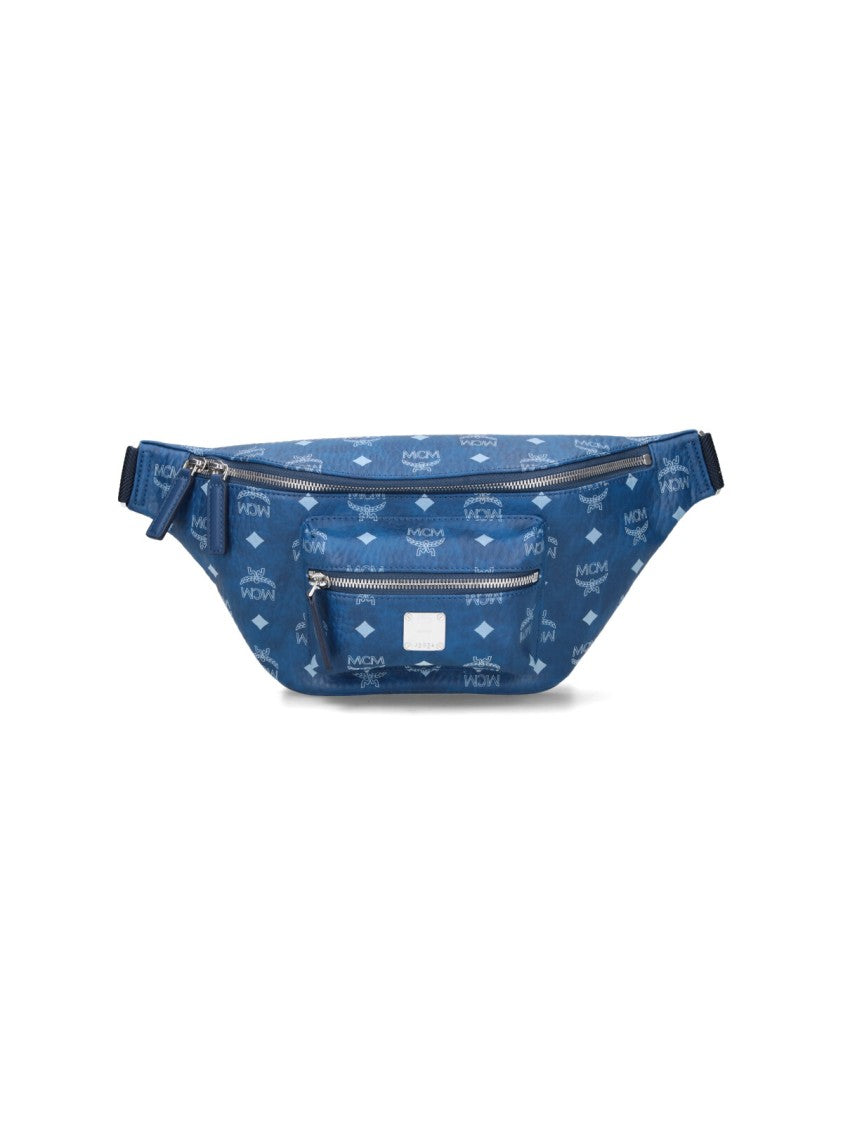 Mcm Signature Logo Print Blue Belt Bag
