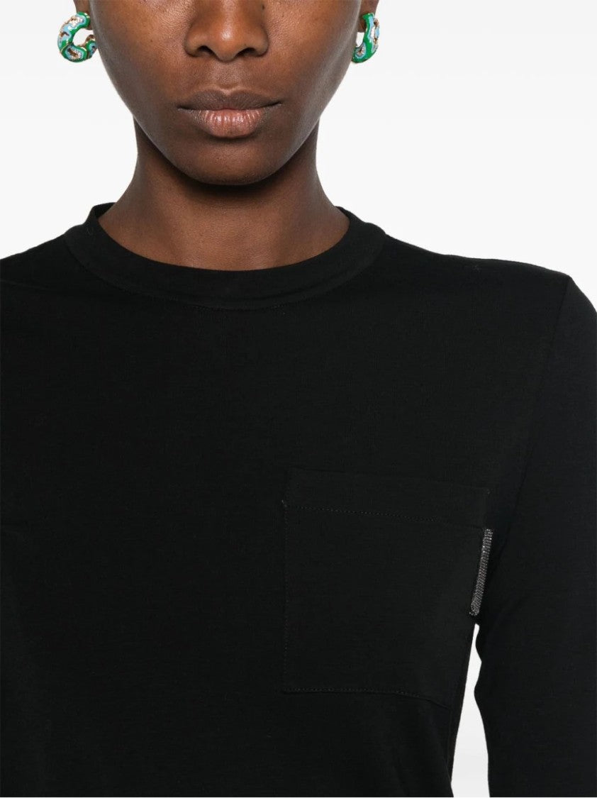 Brunello Cucinelli Long-Sleeve Black Top With Classic Crew Neckline