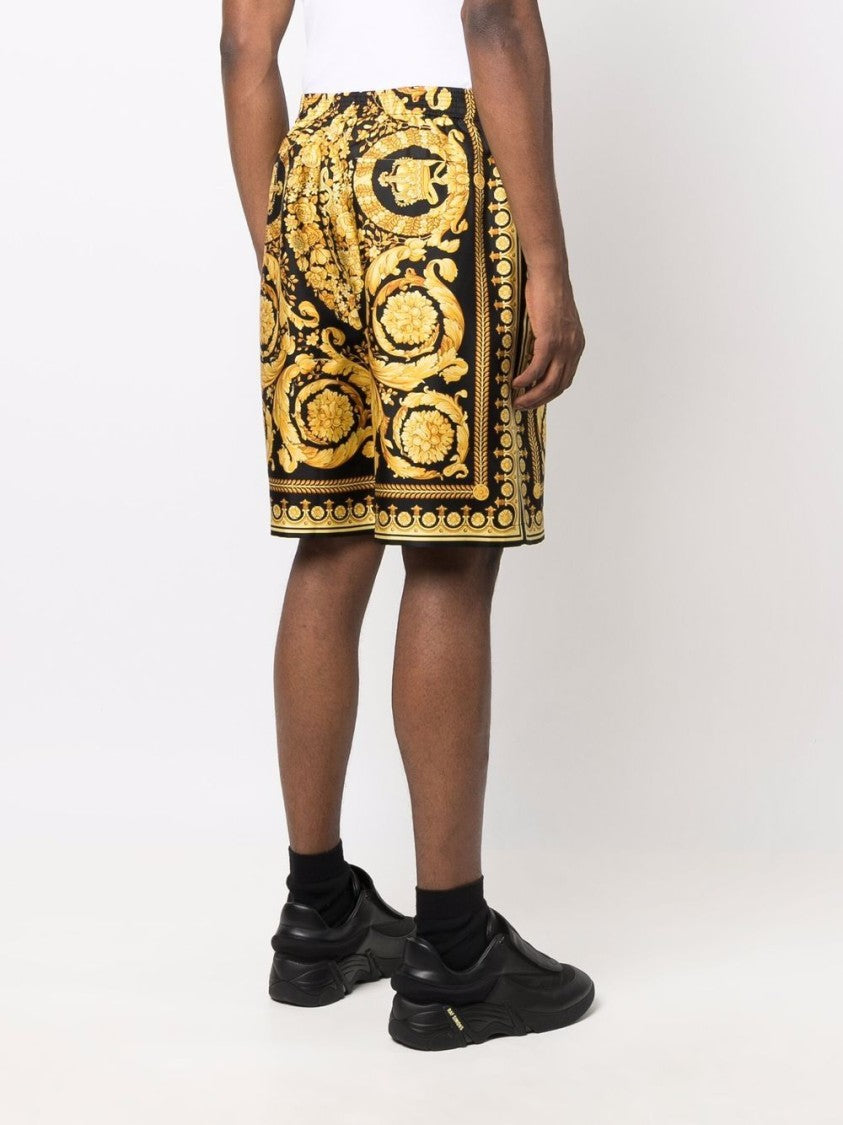 Versace Knee-Length Black And Gold Silk Shorts With Barocco Print