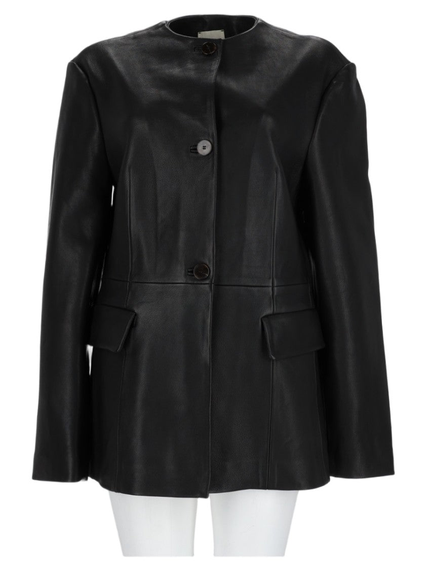 Alysi Black Tailored Flap Pocket Leather Jacket