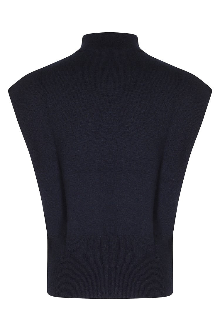 Semi Couture Structured Blue Sweater With High Neckline And Ribbed Trim