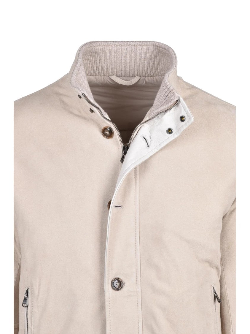Barba Napoli Beige Suede Jacket With Zip Closure And Ribbed Details