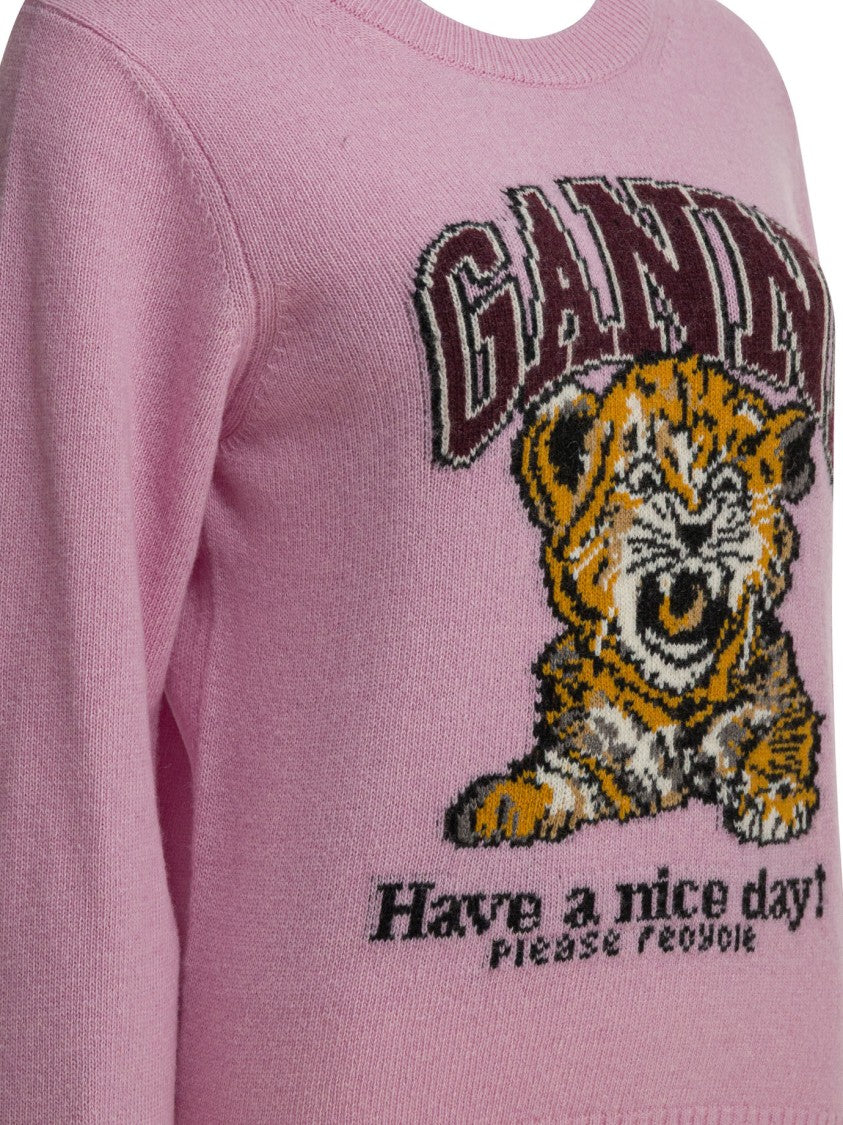 Ganni Playful Graphic Print Wool Sweater With Eco-Friendly Composition