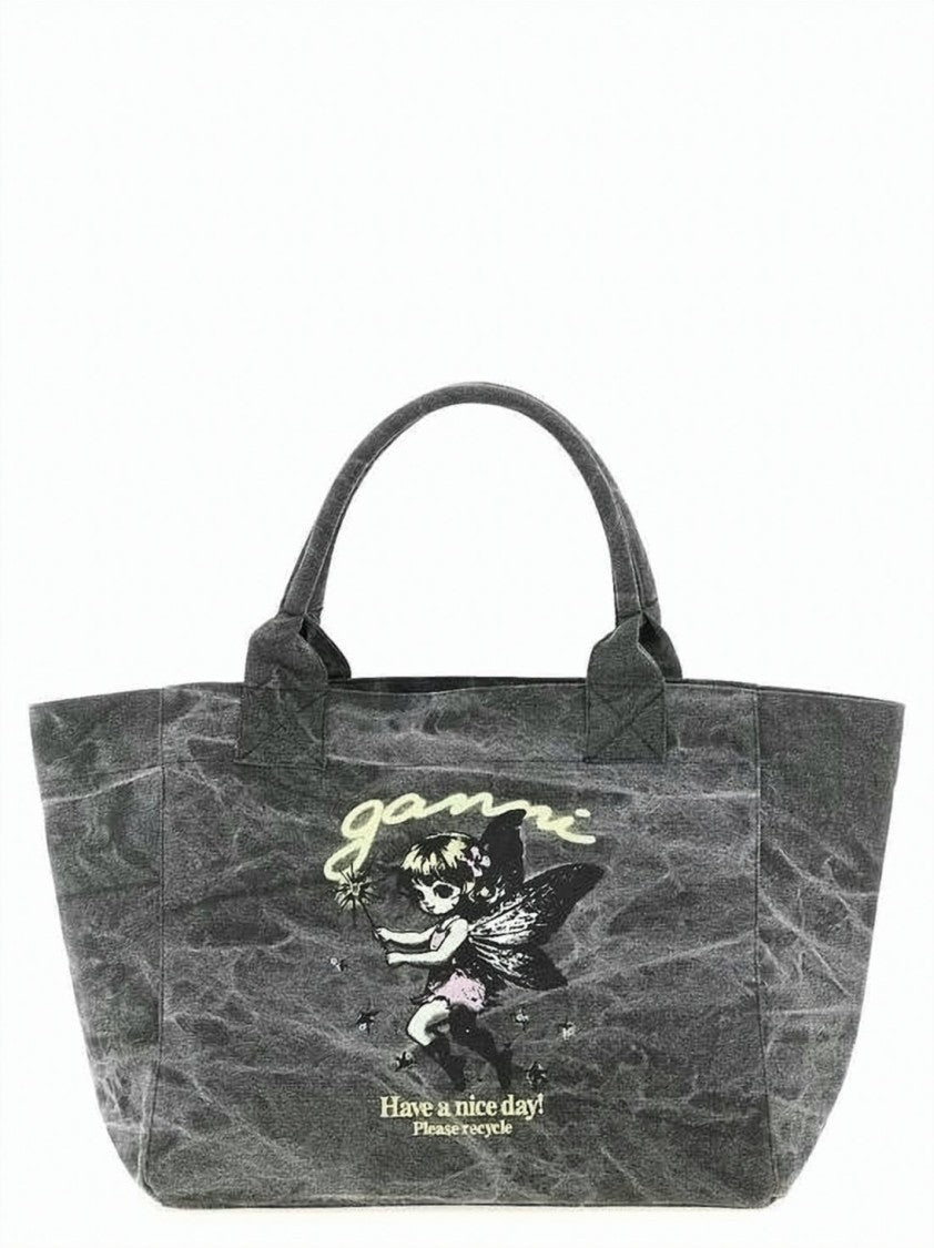 Ganni Textured Cotton Tote Bag With Graphic Print