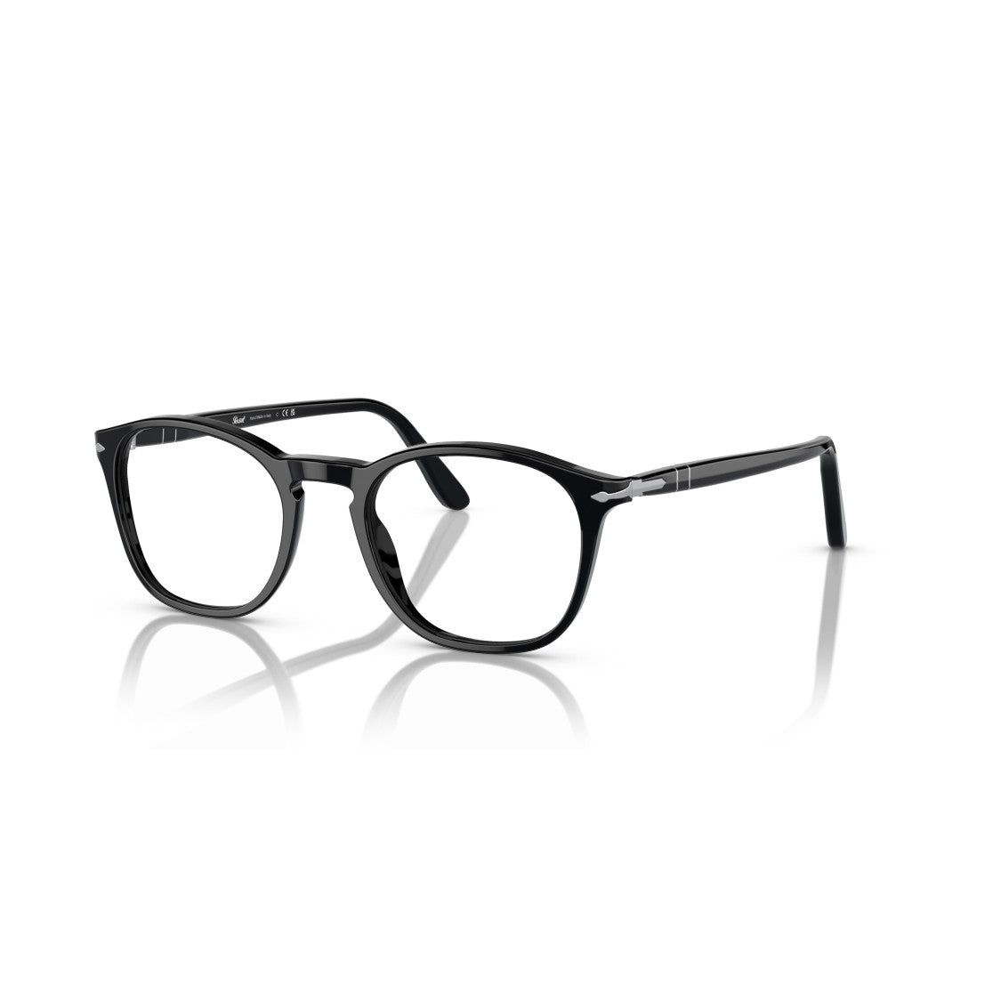 Persol 0Po3007v Classic Round Black Acetate Eyeglasses With Silver Accents