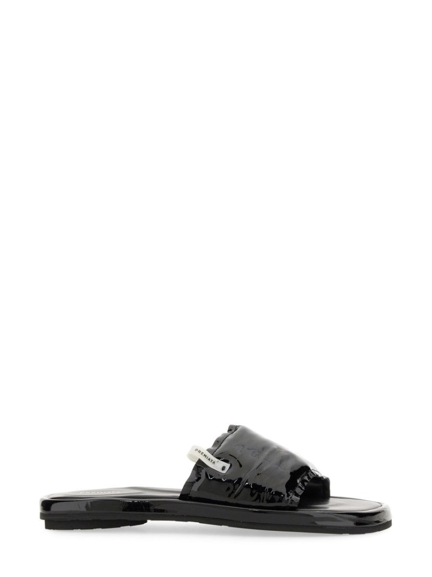 Premiata Black Lamb Leather Slide Sandal With Glossy Finish
