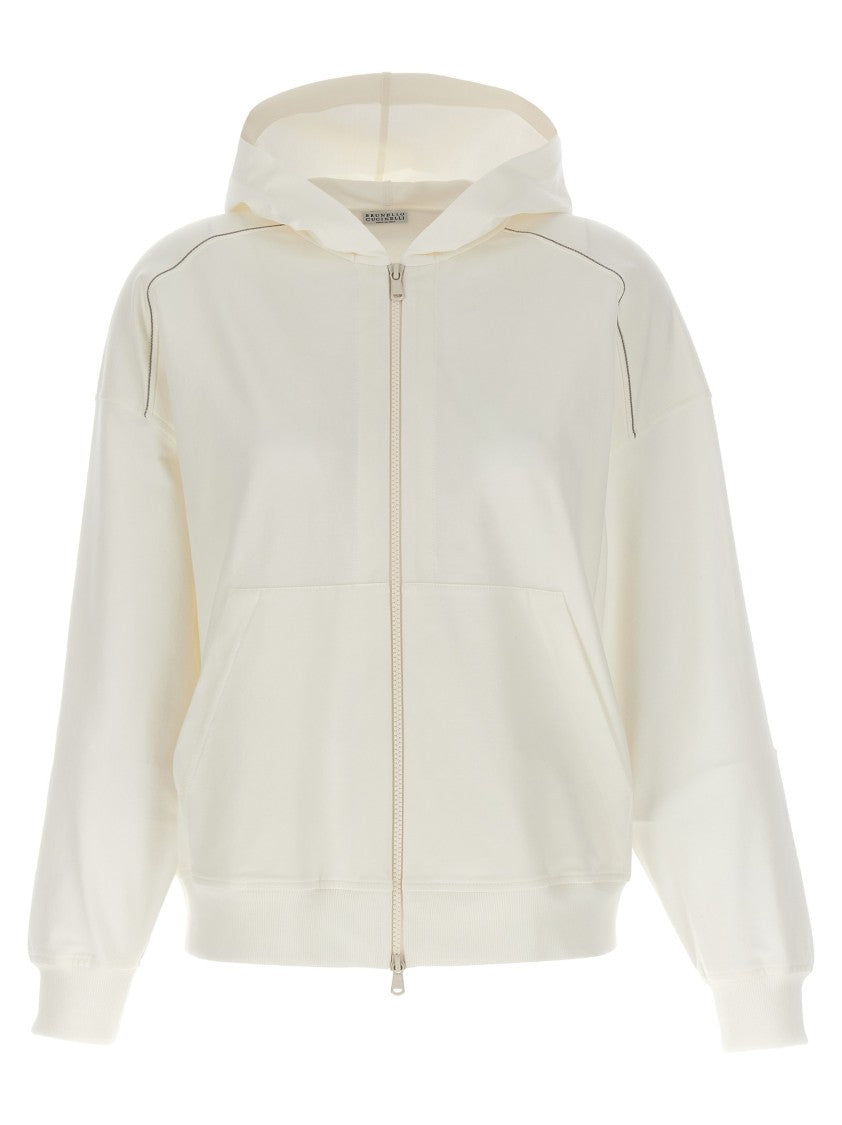 Brunello Cucinelli Gauze Cotton Hoodie With Monile Detail And Zip Closure