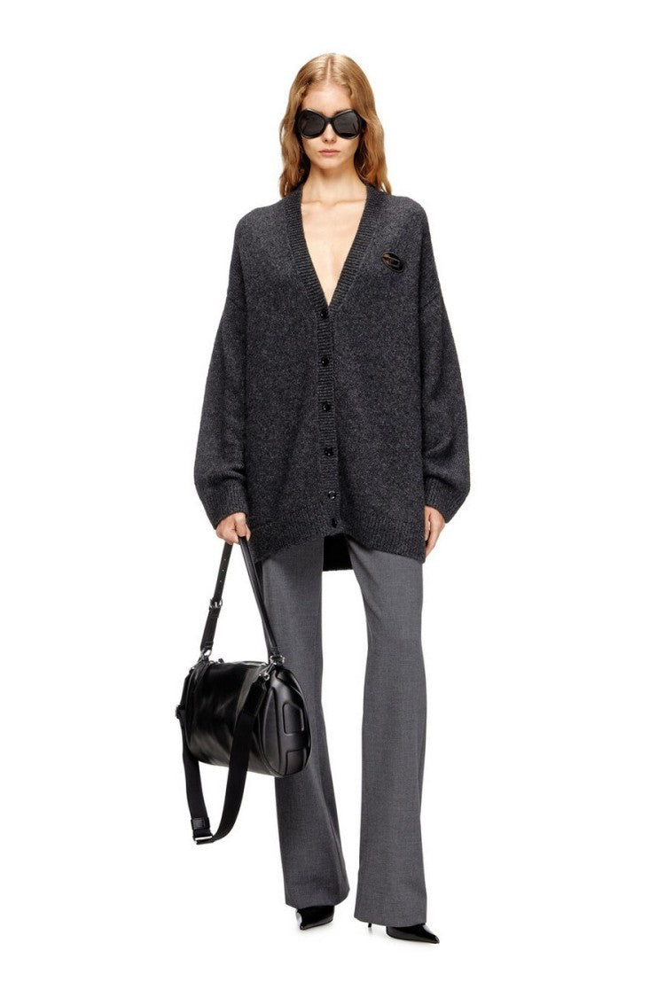 Diesel Grey Button-Front V-Neck D-Logo Patch Wool-Blend Cardigan