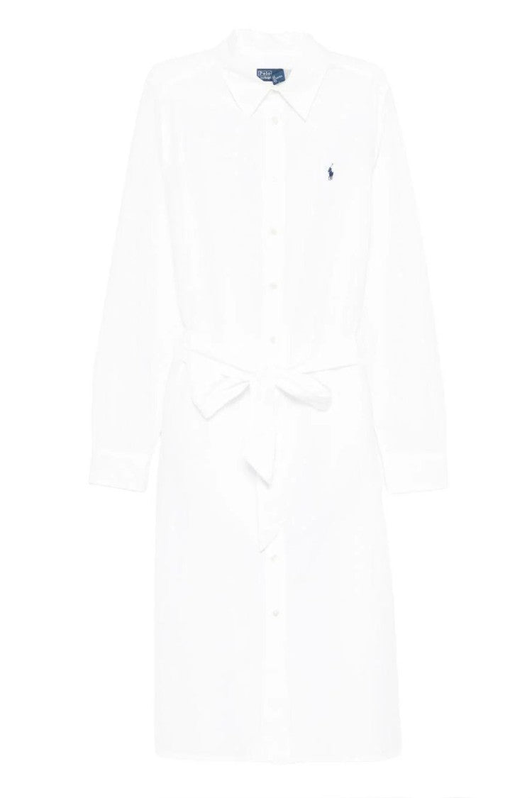 Polo Ralph Lauren White Point Collar Pony Logo Belted Cotton-Linen Shirt