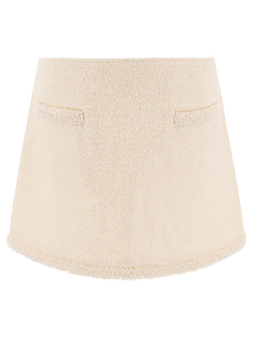 Self-Portrait Beige Textured Skirt With Pearl Embellishments