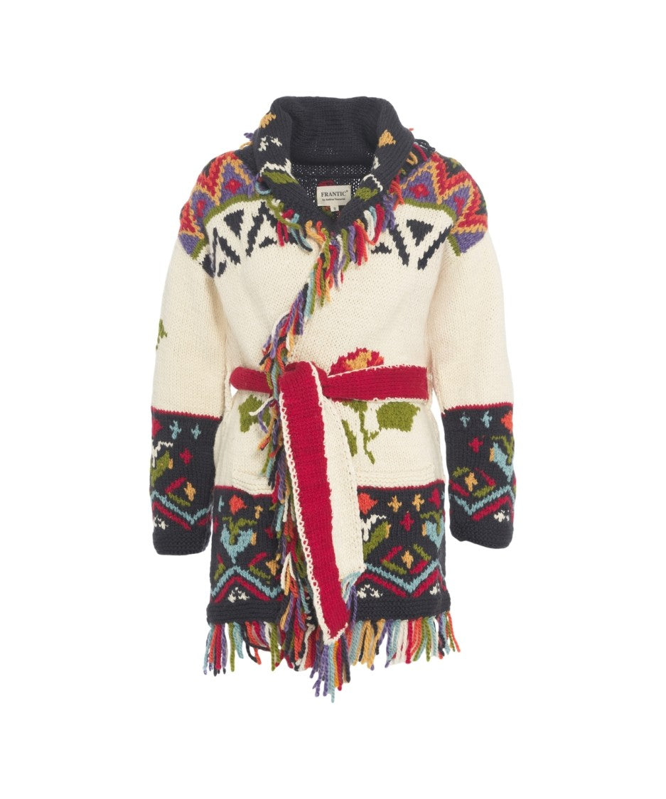 Frantic Multicolored Knit Cardigan With Fringe And Oversized Shawl Collar
