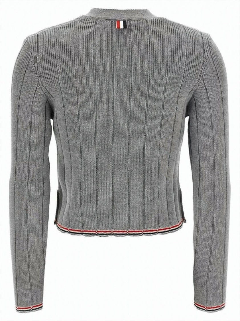 Thom Browne Ribbed Knit Cardigan With Cropped Silhouette And Striped Trim