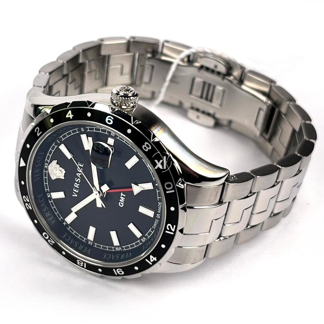 Versace Hellenyium Gmt Stainless Steel Watch With Black Dial And Sapphire Crystal