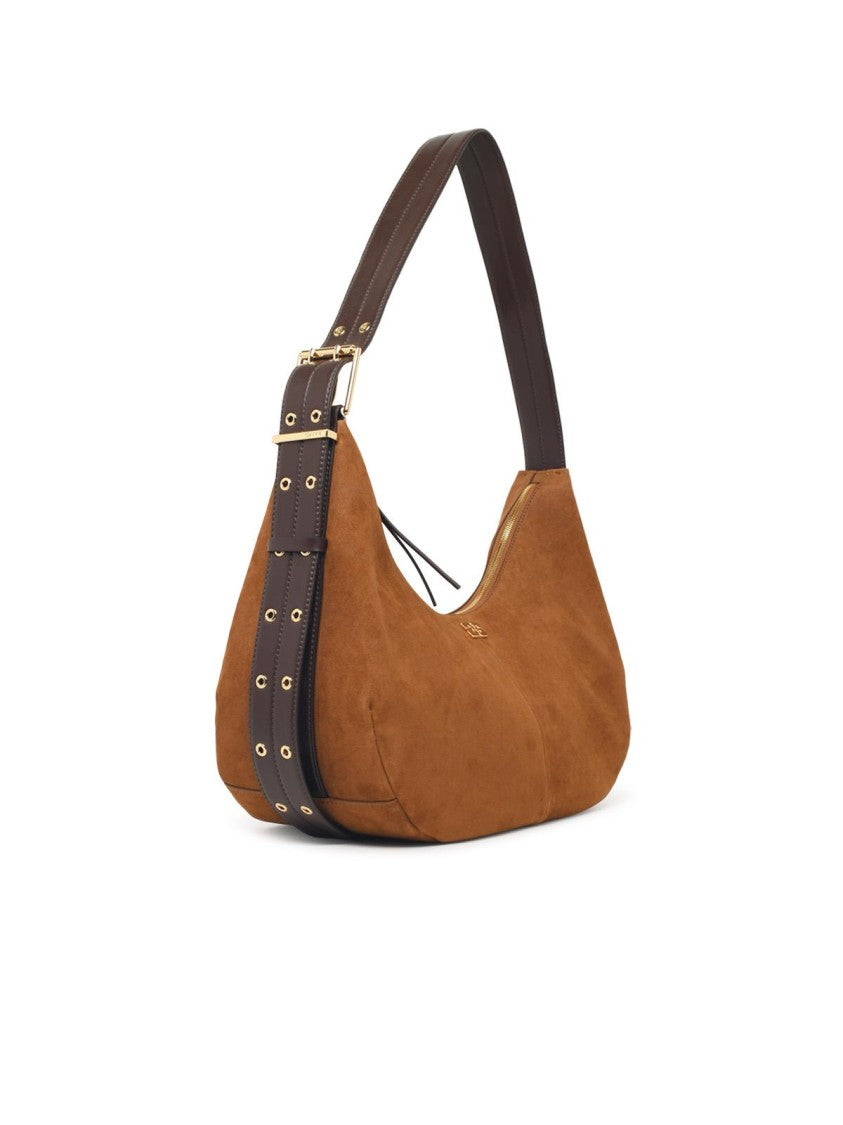 Ganni Crescent-Shaped Brown Suede Hobo Bag With Adjustable Strap