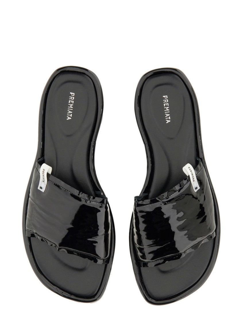 Premiata Black Lamb Leather Slide Sandal With Glossy Finish