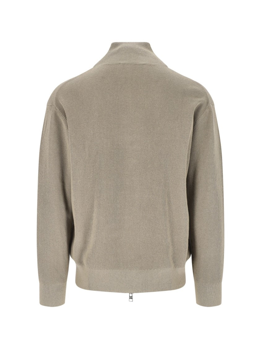 Closed Ribbed Knit Sweater With High Collar And Full Zipper Closure