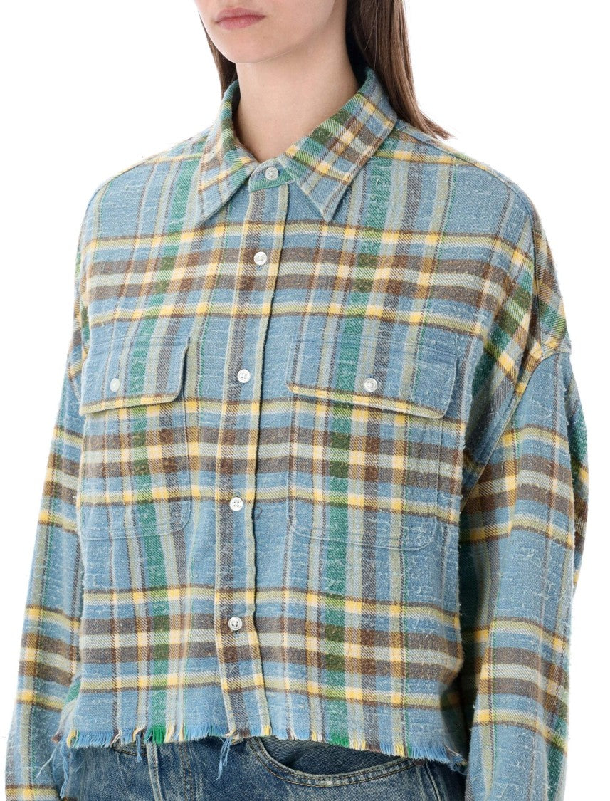 R13 Cropped Blue Check Work Shirt