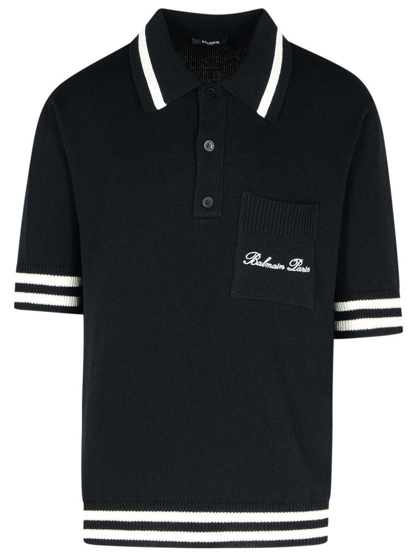Balmain Signature' Black Cotton Blend Polo Shirt