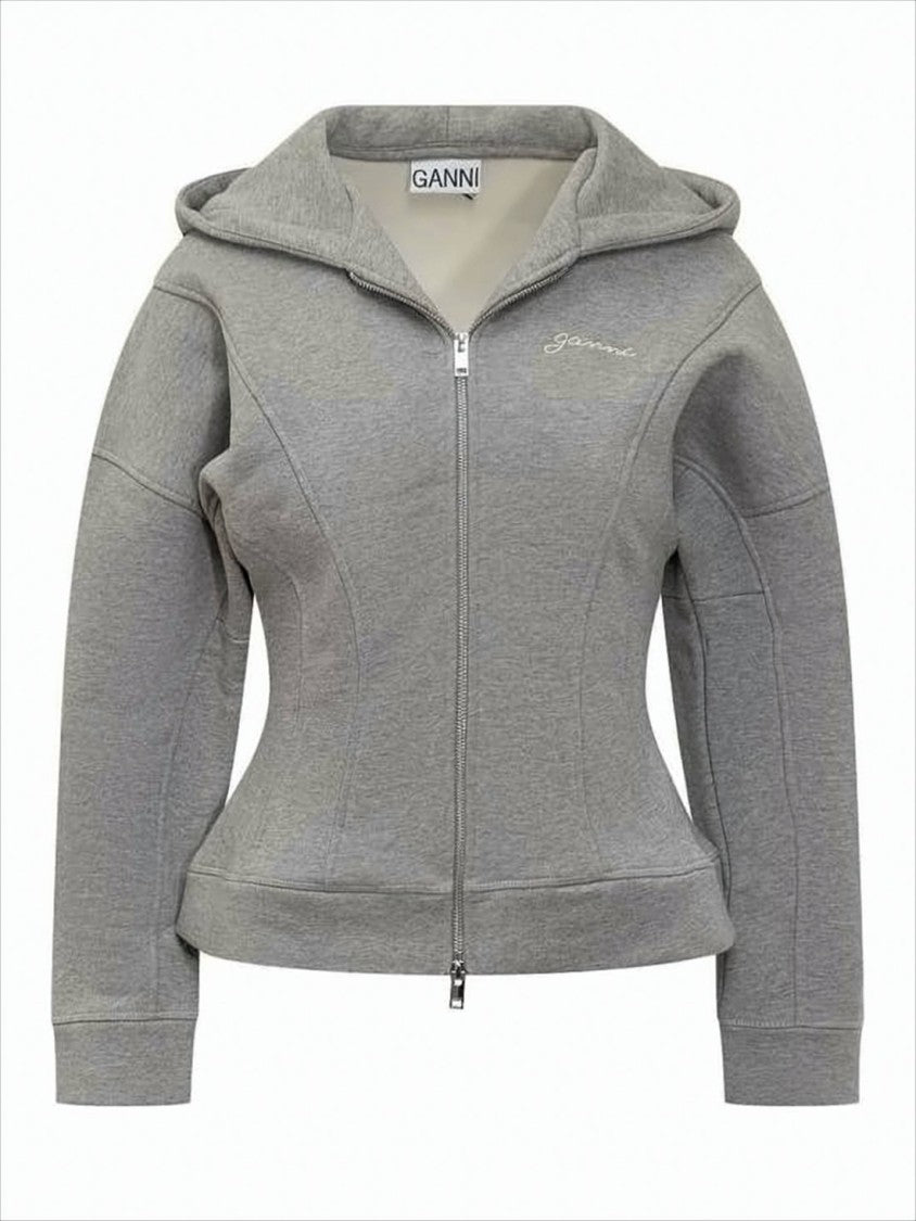 Ganni Fitted Grey Jacket With Hood And Structured Seams