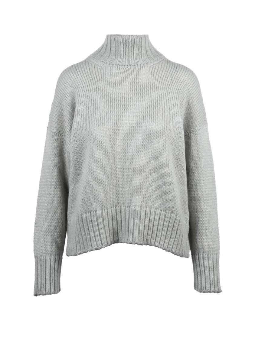 Alpha Studio Pearl Grey Turtleneck Sweater With Dropped Shoulders And Ribbed Details