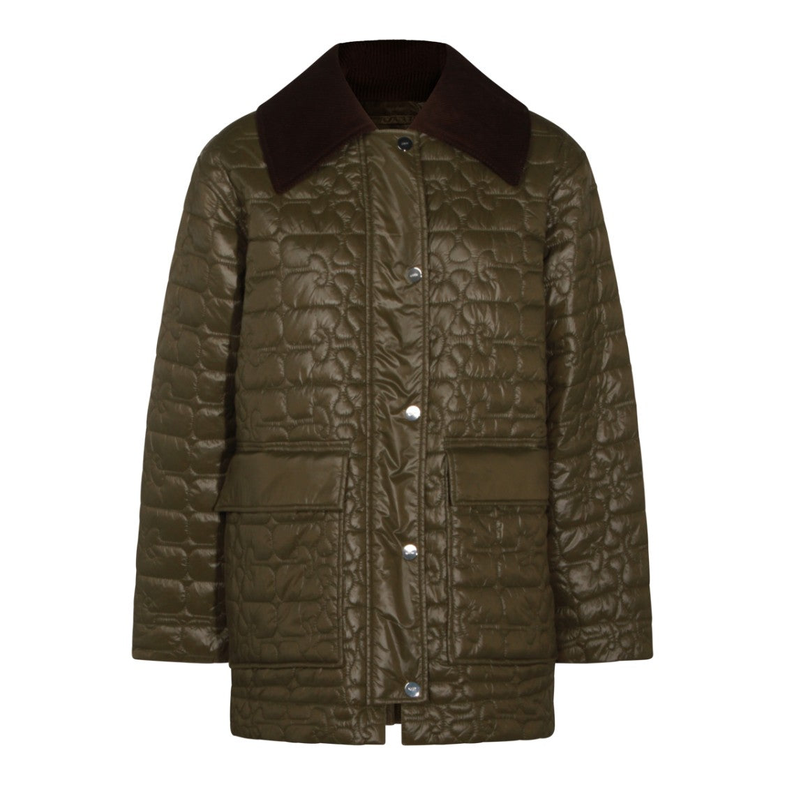 Ganni Olive Green Quilted Corduroy Collar Down Jacket