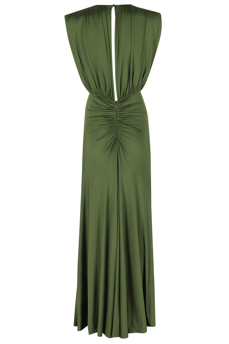Self-Portrait Green Gathered Padded Straps Viscose Day Dress