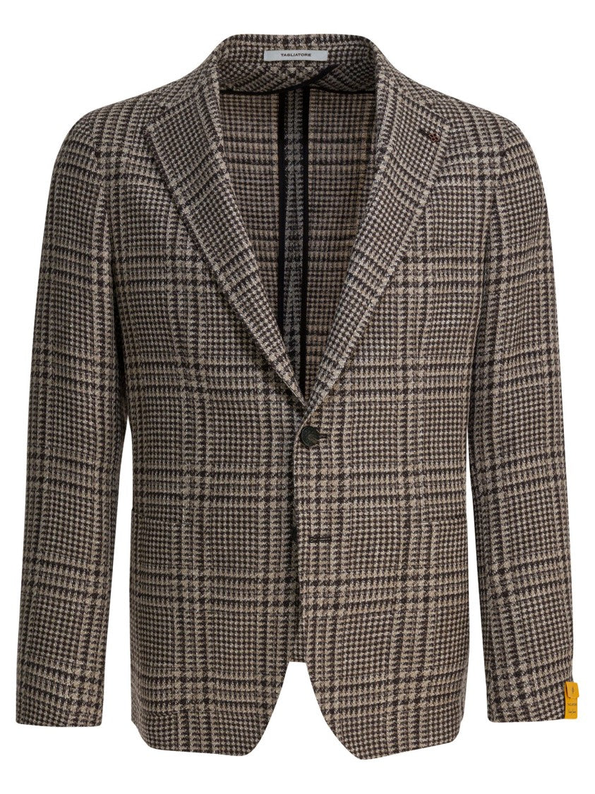 Tagliatore Checkered Brown Tailored Blazer With Notched Lapel