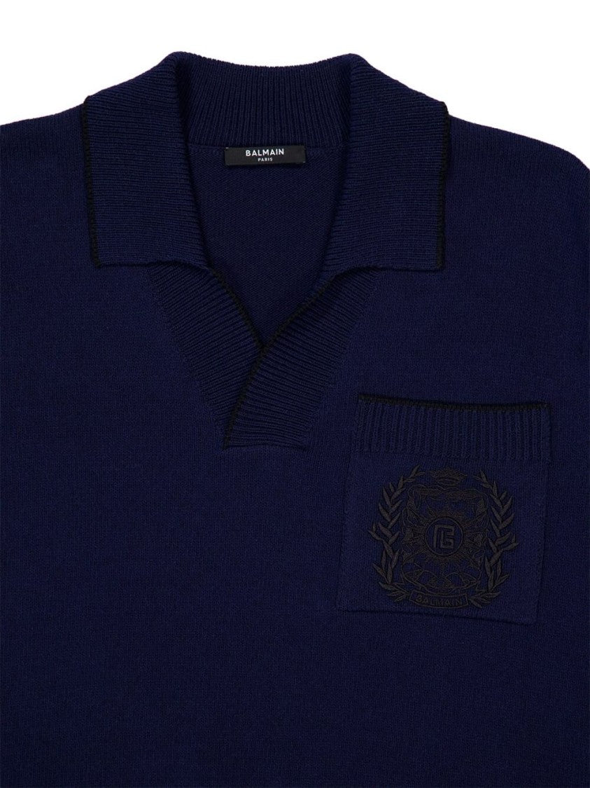 Balmain Navy Blue Embroidered Logo Polo Shirt