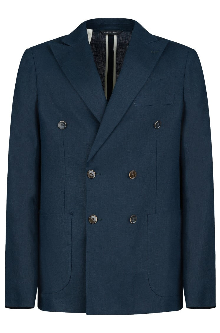 Gazzarrini X Michele Franzese Double-Breasted Blue Linen Blazer With Peak Lapels