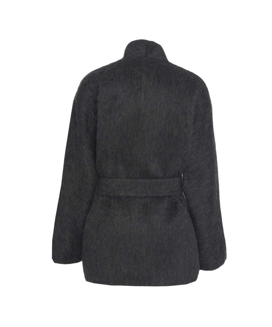Max Mara Tailored Black Wool Blend Coat With High Collar And Matching Belt