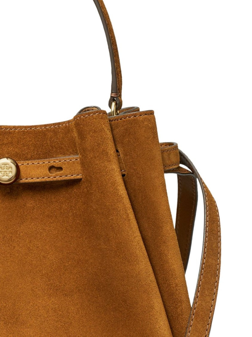 Tory Burch Structured Trapezoidal Brown Suede Bag With Adjustable Strap