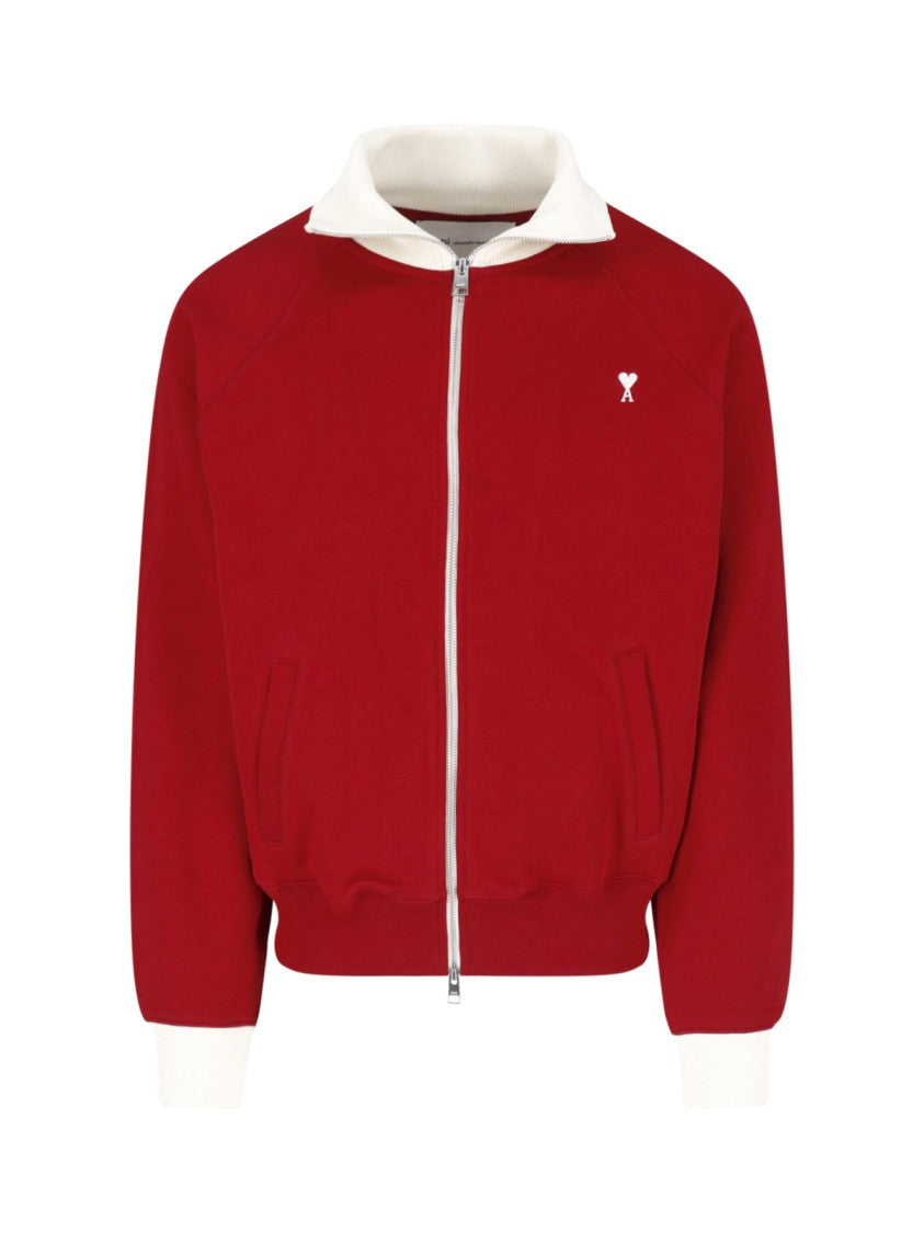 Ami Paris Red Zip-Up Logo Cotton Sweatshirt