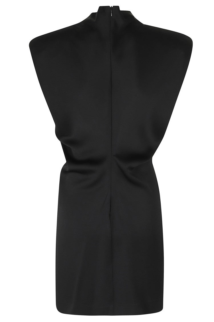 Federica Tosi Black Padded Straps Front Pleat Acetate-Blend Mini Dress