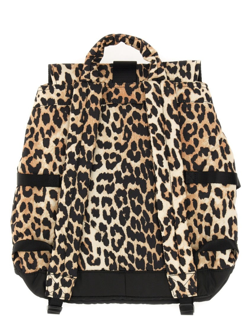 Ganni Leopard Print Recycled Fabric Backpack
