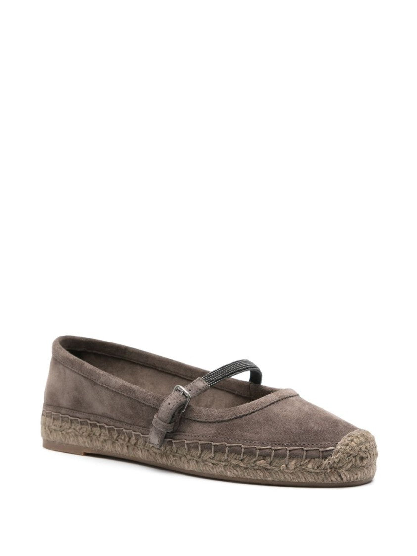 Brunello Cucinelli Almond Toe Suede Ballerinas With Side Buckle Fastening