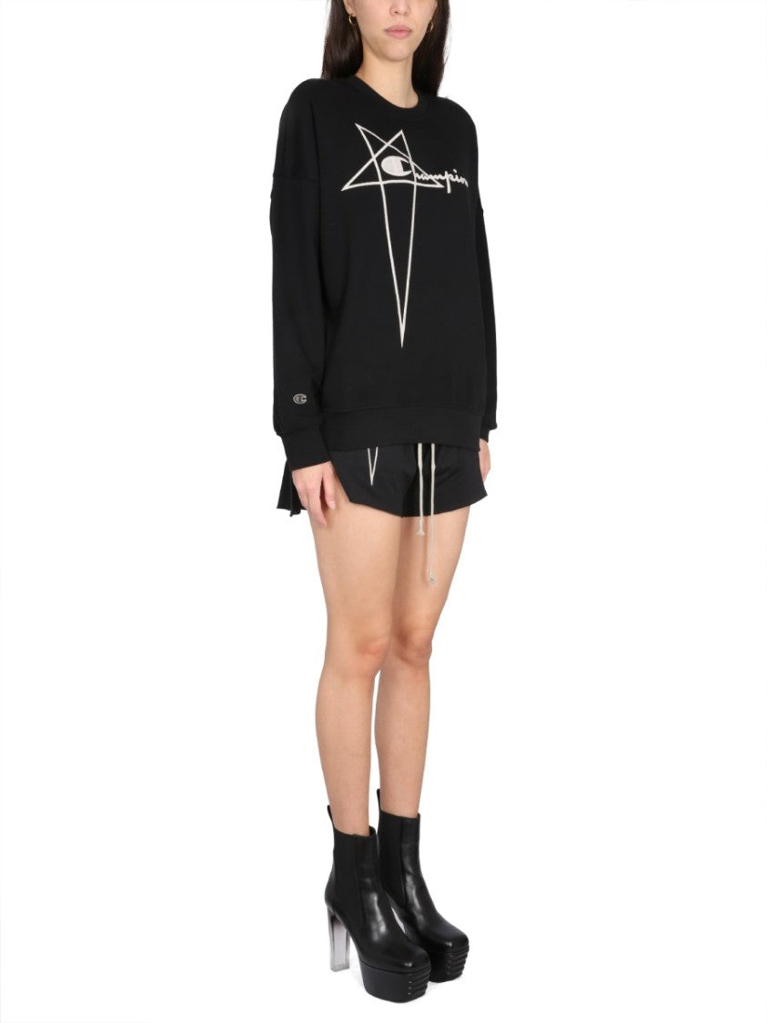 Champion X Rick Owens Oversized Black Sweatshirt With Logo Embossing