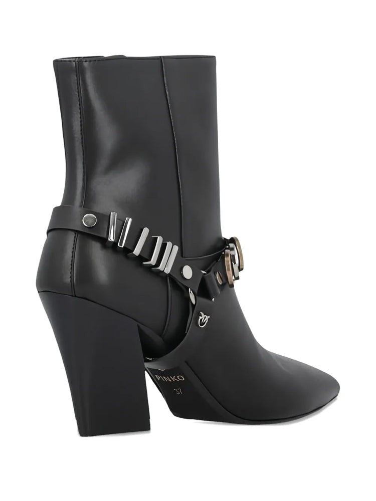 Pinko Black Viola 02 Pointed Toe Block Heel Leather Ankle Boots