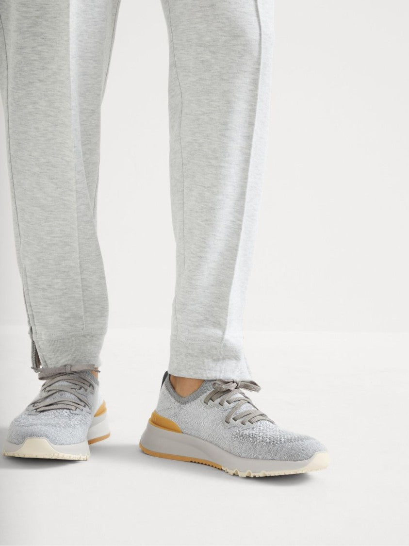 Brunello Cucinelli Knitted Grey Sneakers With Tan Heel Patch And Cream Outsole