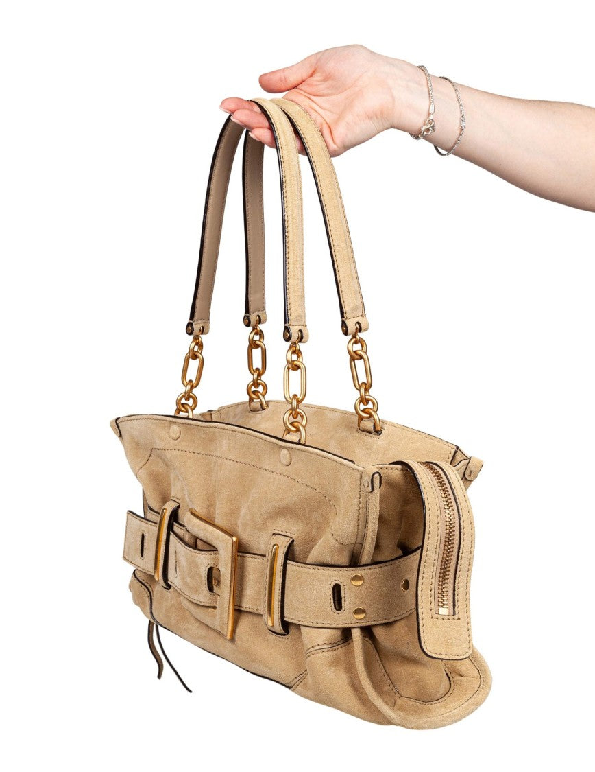 Balmain Anthem Beige Suede Shoulder Bag