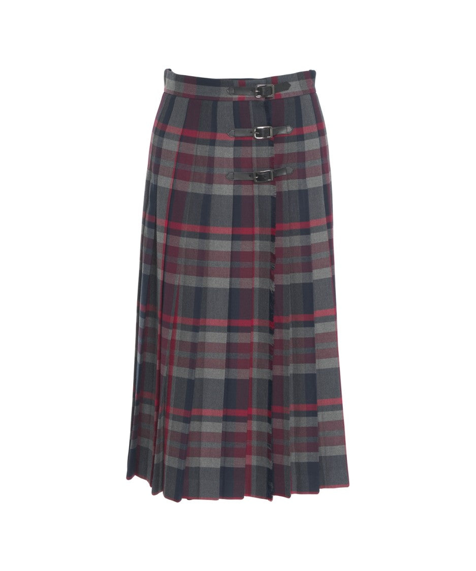 Ottod'ame Midi-Length Pleated Skirt With Checkered Pattern And Buckle Details