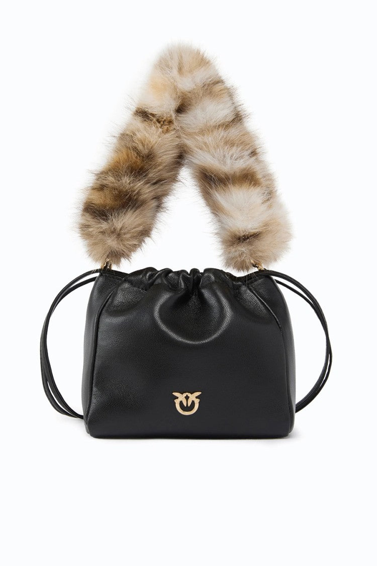 Pinko Black Drawstring Leather Bucket Bag