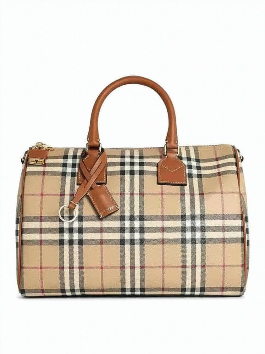 Burberry Medium Check Pattern Bowling Bag With Leather Accents