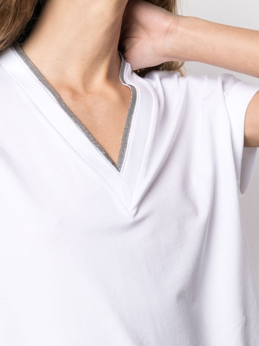 Brunello Cucinelli White Monili Chain V-Neck Cotton T-Shirt