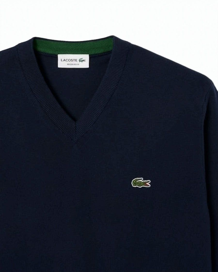 Lacoste V-Neck Cotton Sweater With Embroidered Logo