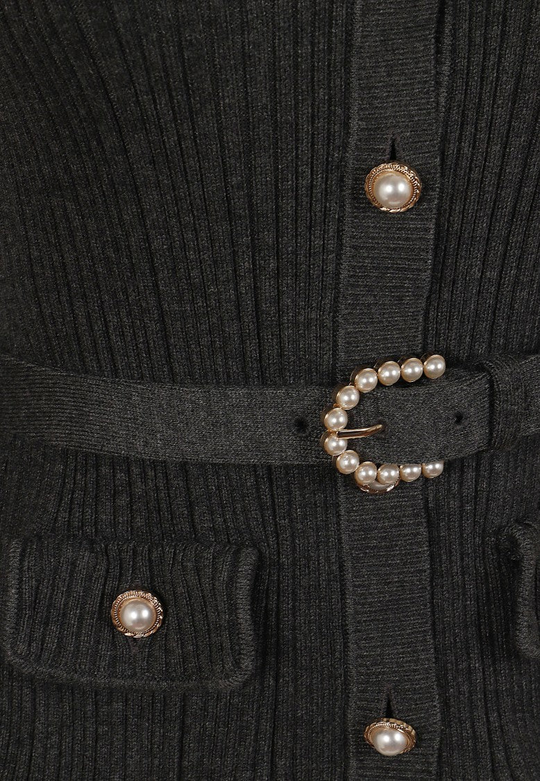 Self-Portrait Grey Fitted Ribbed Wool Pearl-Embellished Cardigan
